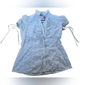 Vintage Espirit White Blouse With Taupe Circle Pattern Button Up Tie Detail Sz 8